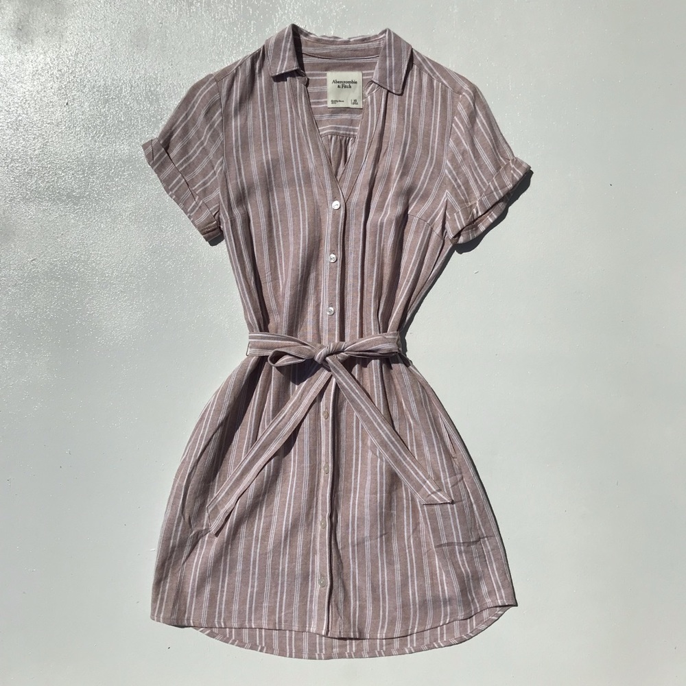 ABERCROMBIE Short-Sleeve Collared Button-Up Tie-Waist Dress - Tan & White Stripe